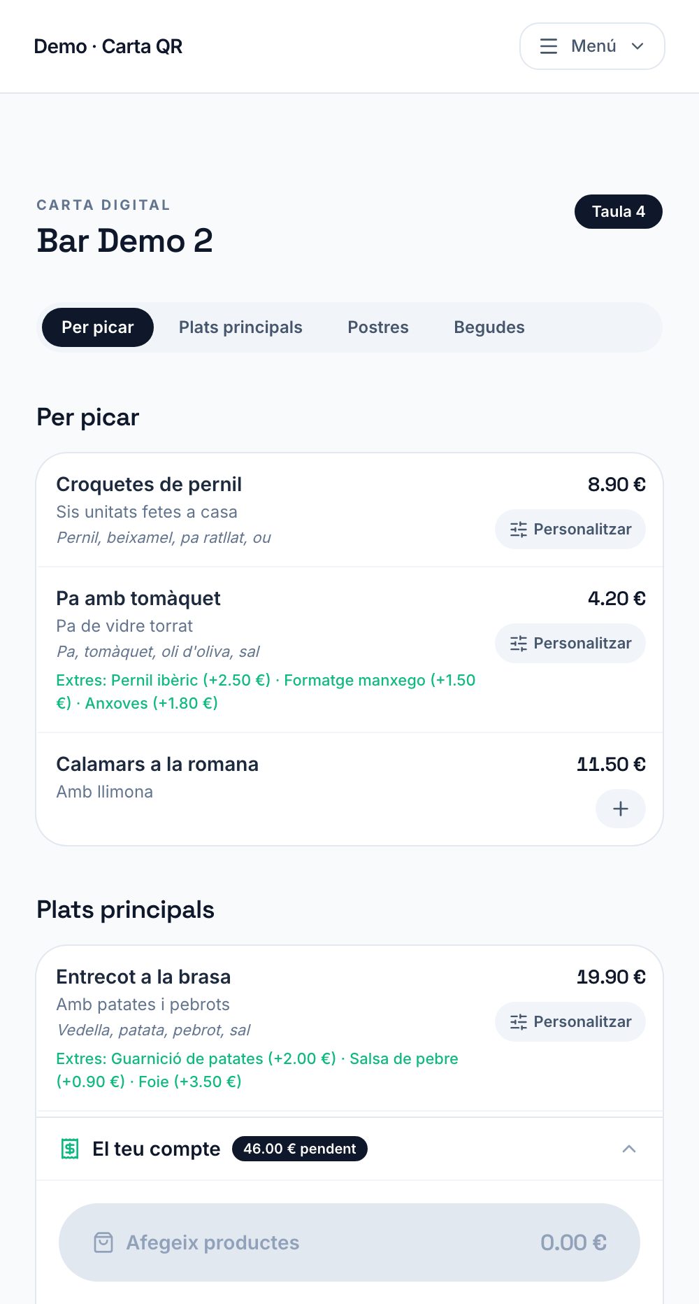 Carta del cliente en el móvil, con categorías y personalización