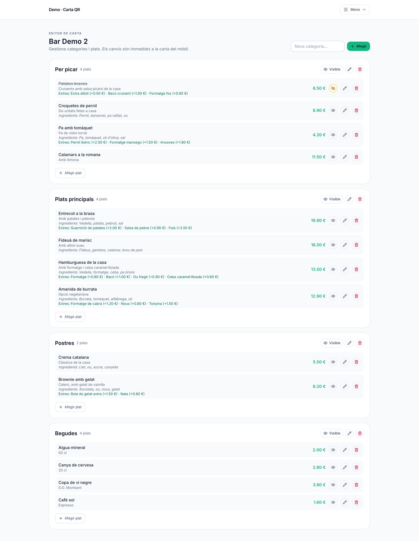 Editor de carta con categorías, platos, ingredientes y extras