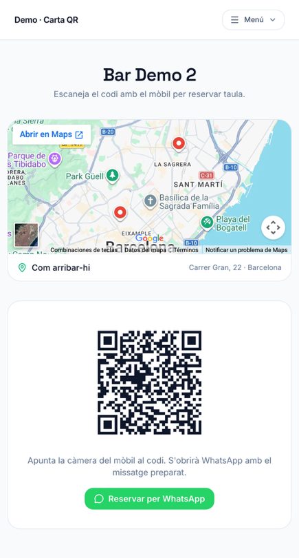 Página pública de reservas del restaurante con mapa y QR