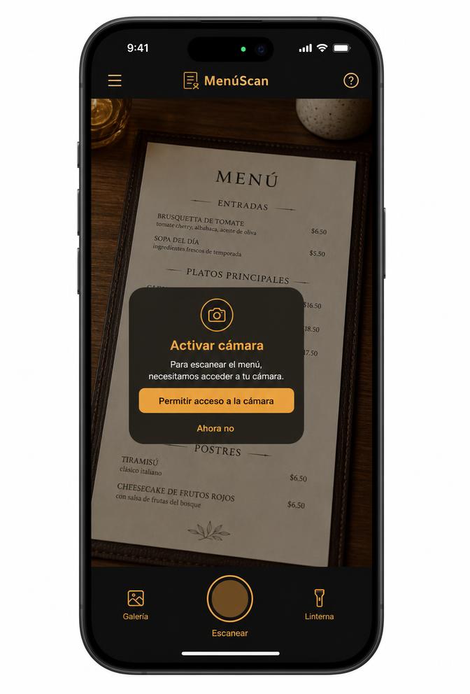 Aviso de permiso de cámara sobre la carta del restaurante
