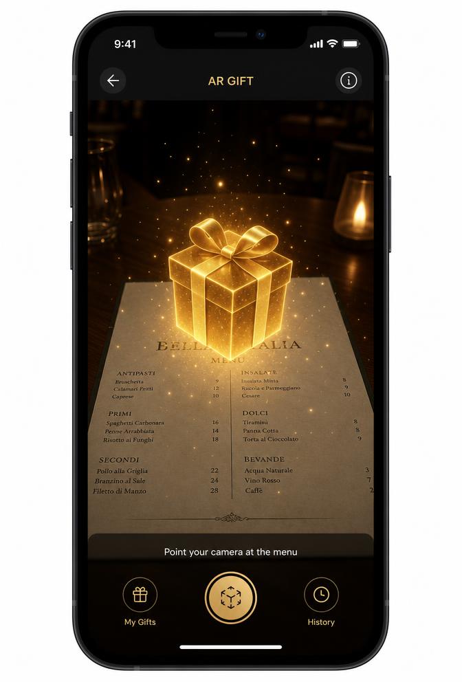 Caja regalo 3D flotando sobre la carta vista con la cámara