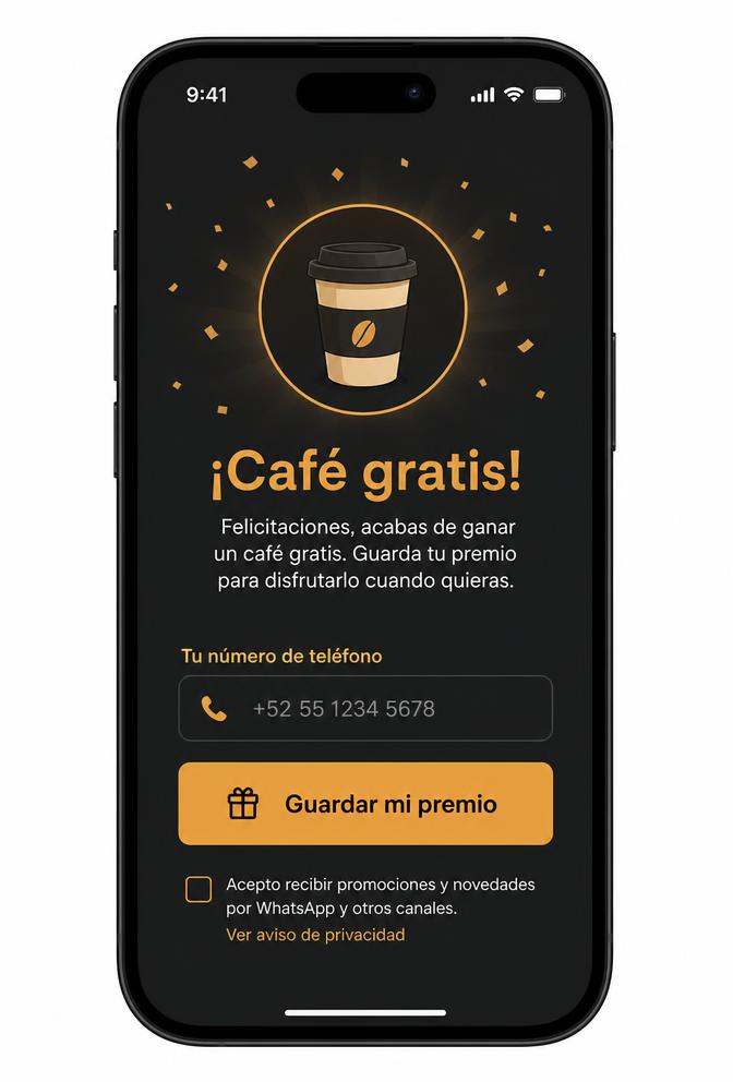 Pantalla de premio ganado con campo de teléfono y consentimiento