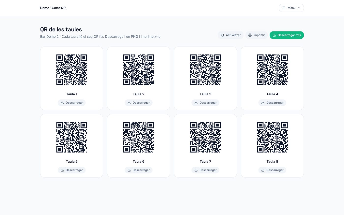 Pantalla de QR fijos por mesa, para descargar o imprimir