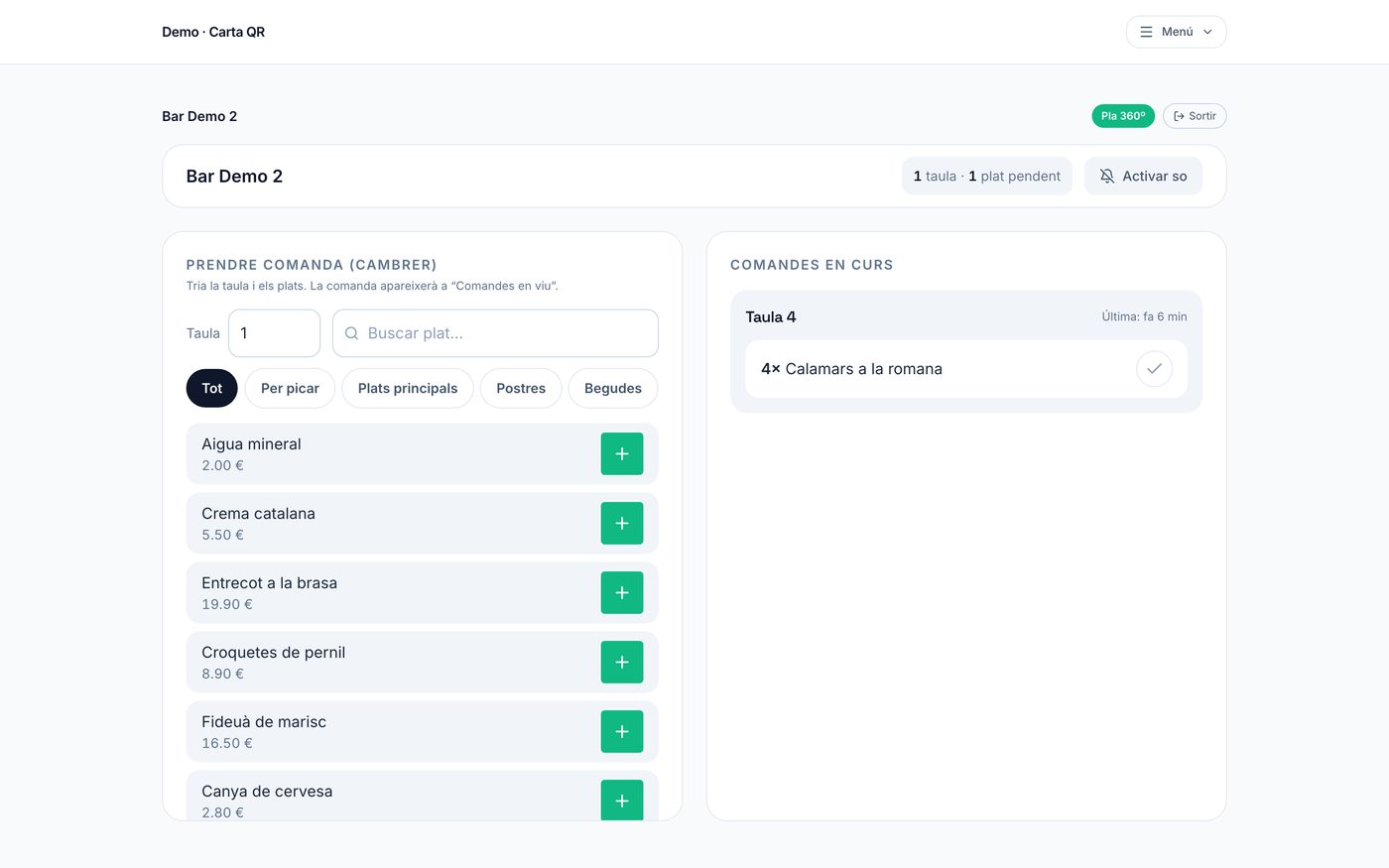 Vista de servicio para camareros, sin datos de facturación